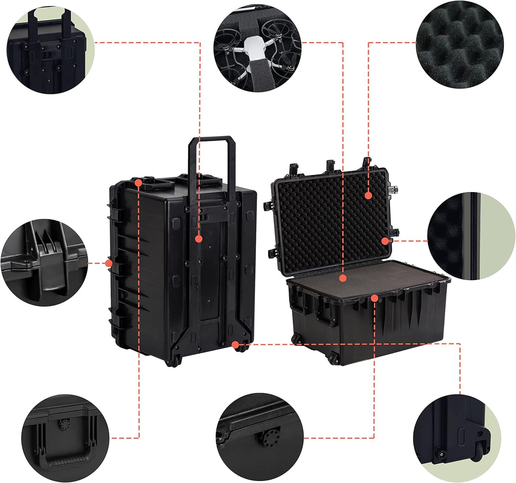 MEIJIA Portable All Weather Waterproof Camera Case,Customizable Fit Foam with Rolling Wheels and Retractable Pull Handle,33.25'X24.4'X19.3'