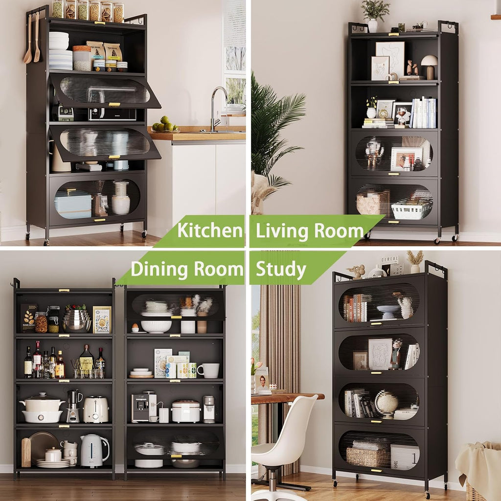 Kitchen Pantry Storage Cabinet,5 Tier Rolling Microwave Stand, Bakers Rack,Metal Pantry Cabinet with 4 Flip-up Doors for Kitchen,Living Room,Study (Black)