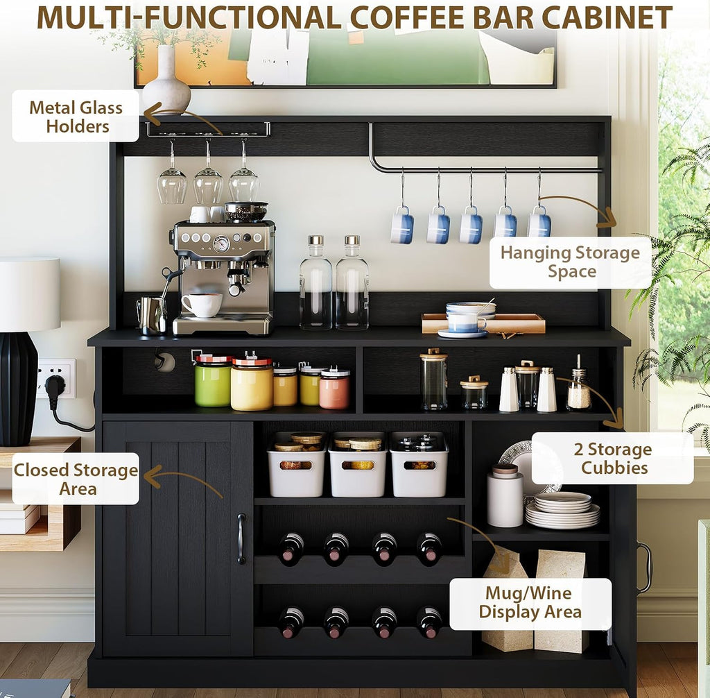 Bakers Rack With Power Outlet and LED Light 67'' Kitchen Microwave Stand Storage Shelf With 10 S-Shaped Hooks Wine Rack 5 Tiers Coffee Bar Station With Basket Cabinet Metal Grid Goblet Holder, Brown