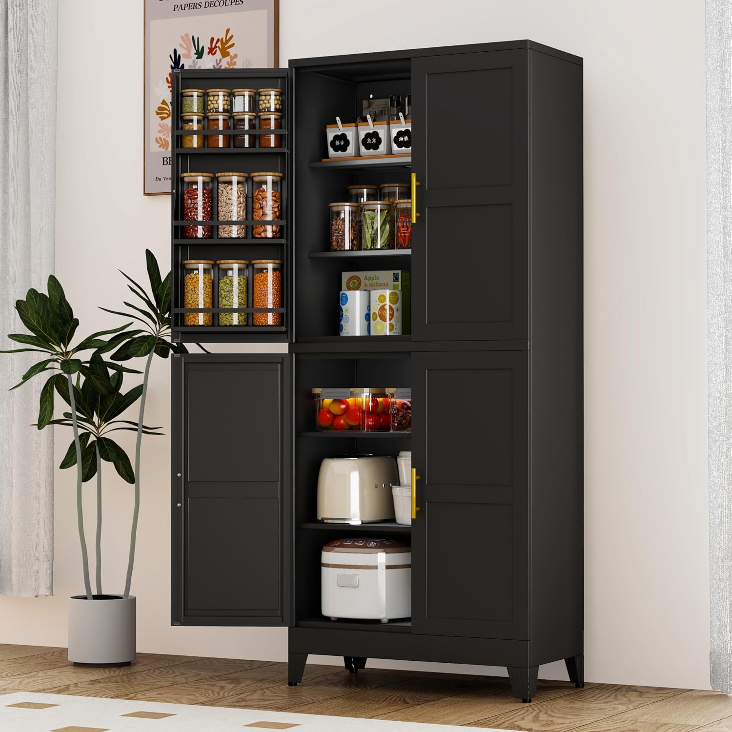 GAIOUS 74.8' Tall Metal Food Cabinet, Black Kitchen Pantry Cabinet, Storage Cabinets with 4 Door and 4 Adjustable Shelves, Steel Freestanding Cupboard for Kitchen Dining Room Living Room Bathroom