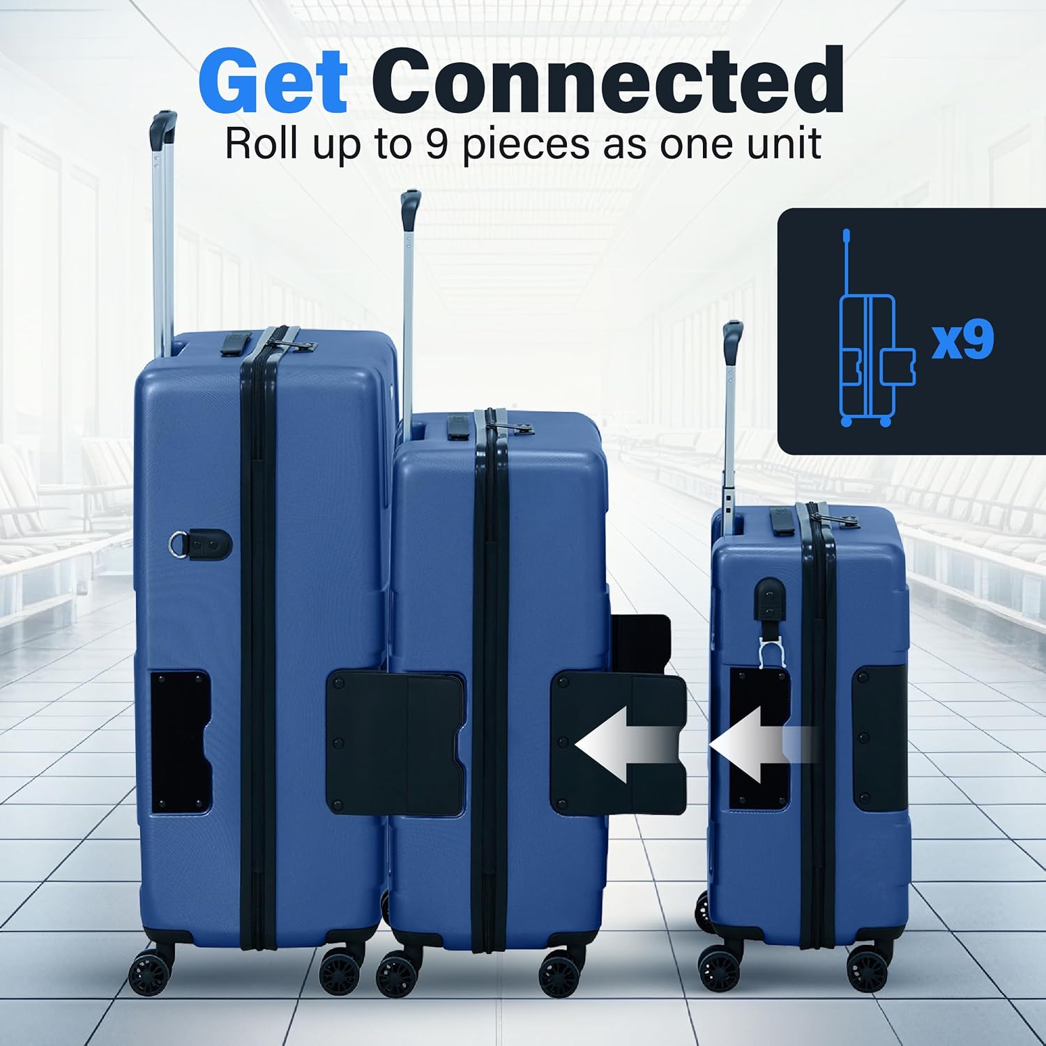 TACH Patented Connecting Hard Shell 3 Piece Luggage Set - 20, 24 & 28 inch Luggage | Carry-On, Medium & Large Rolling Suitcases - Midnight Blue