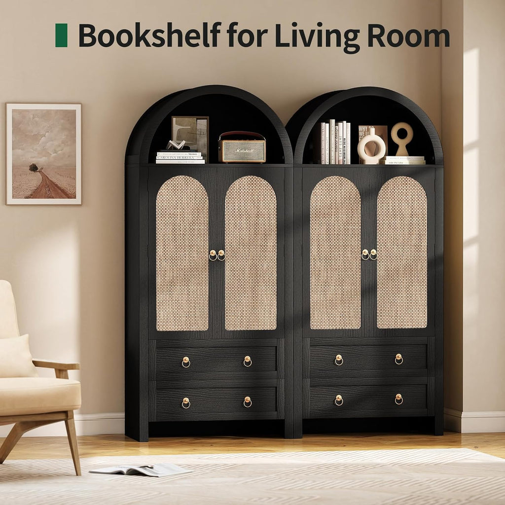 71' Arched Cabinet Kitchen Pantry Cabinet with Rattan Doors, Storage Cabinet with Drawers & Height Adjustable Shelves, Hutch Cabinets with Storage, Tall Arch Bookcase for Dining Room Kitchen, Black