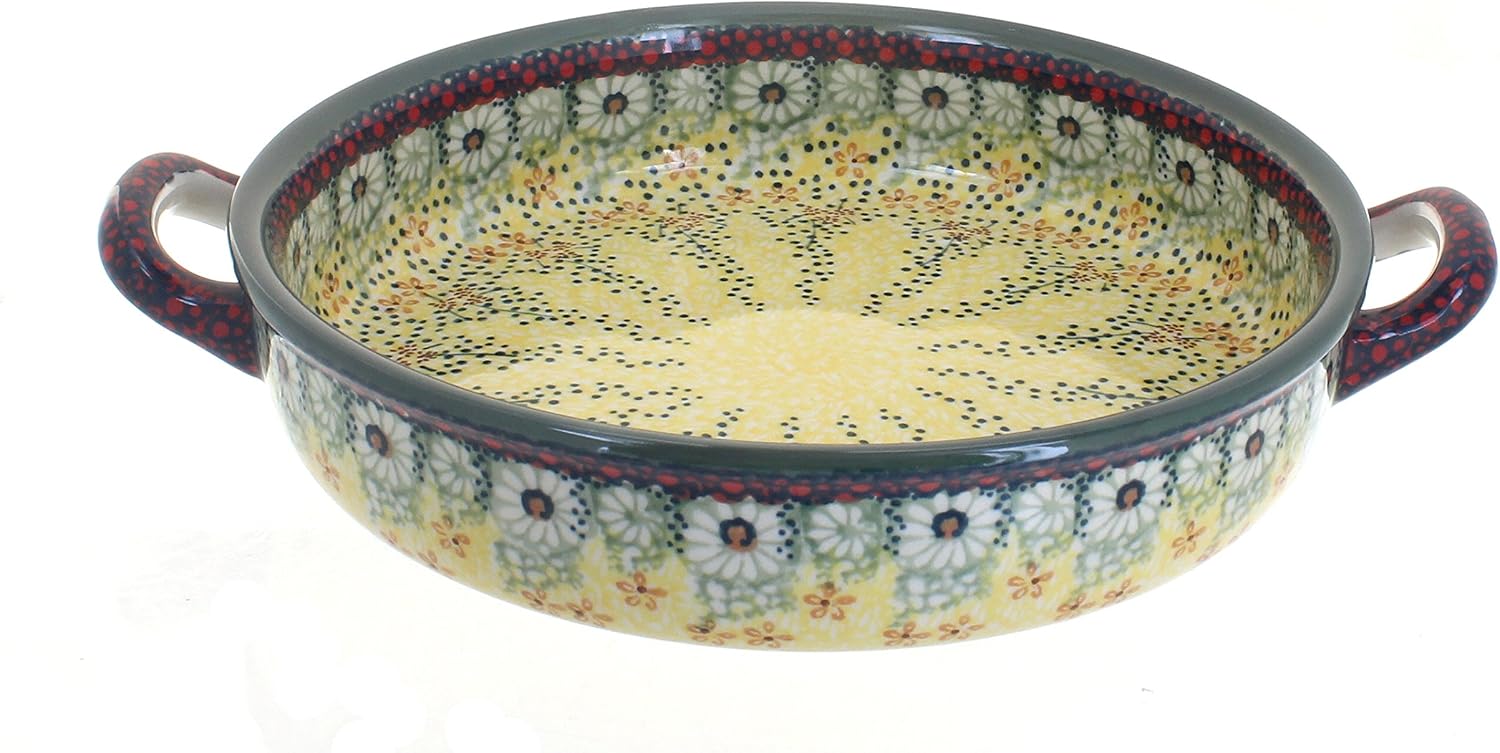 Blue Rose Polish Pottery - Yellow Sunshine Grotto Small Round Baker with Handles - 9.5' Diameter - Unique, Dishwasher Safe, & Durable Bakeware