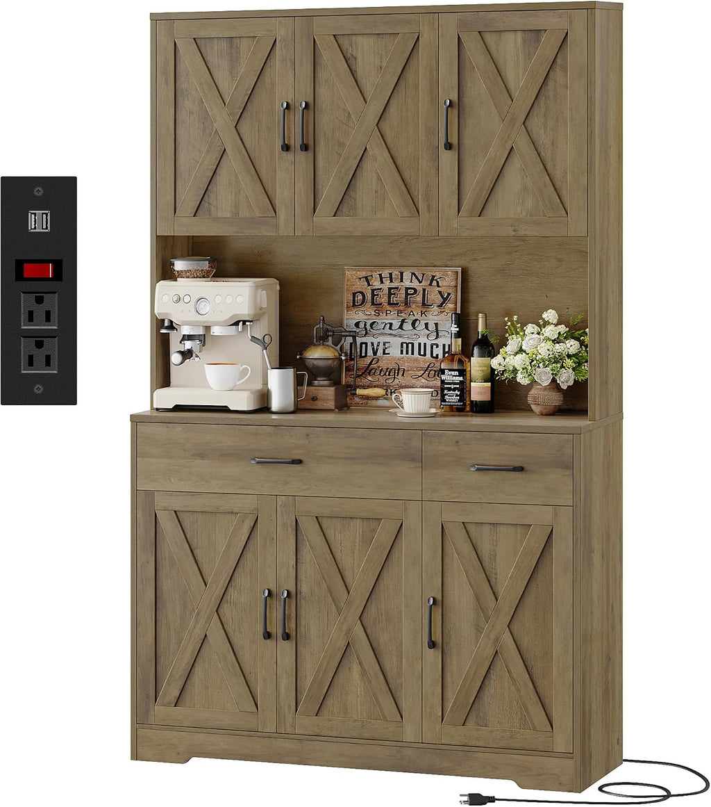 HOSTACK 71' Pantry Cabinet with Charging Station, Tall Kitchen Pantry Storage Cabinet with Microwave Stand, Farmhouse Kitchen Hutch with Storage Drawers for Living Room, Dining Room, Rustic Brown