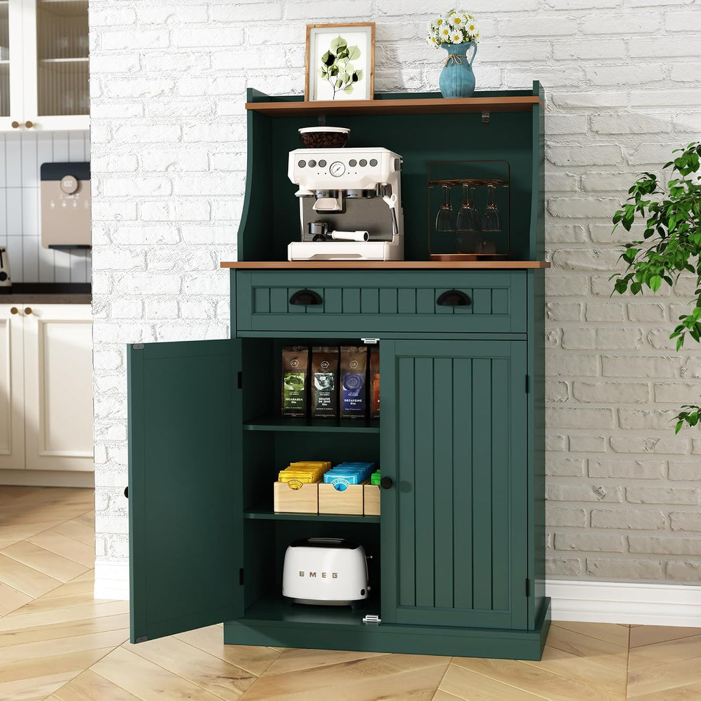 HOLTICO 54' Kitchen Pantry Storage Cabinet with Doors and Adjustable Shelves, Green Freestanding Microwave Cabinet with Drawer for Kitchen, Coffee Bar, Living Room