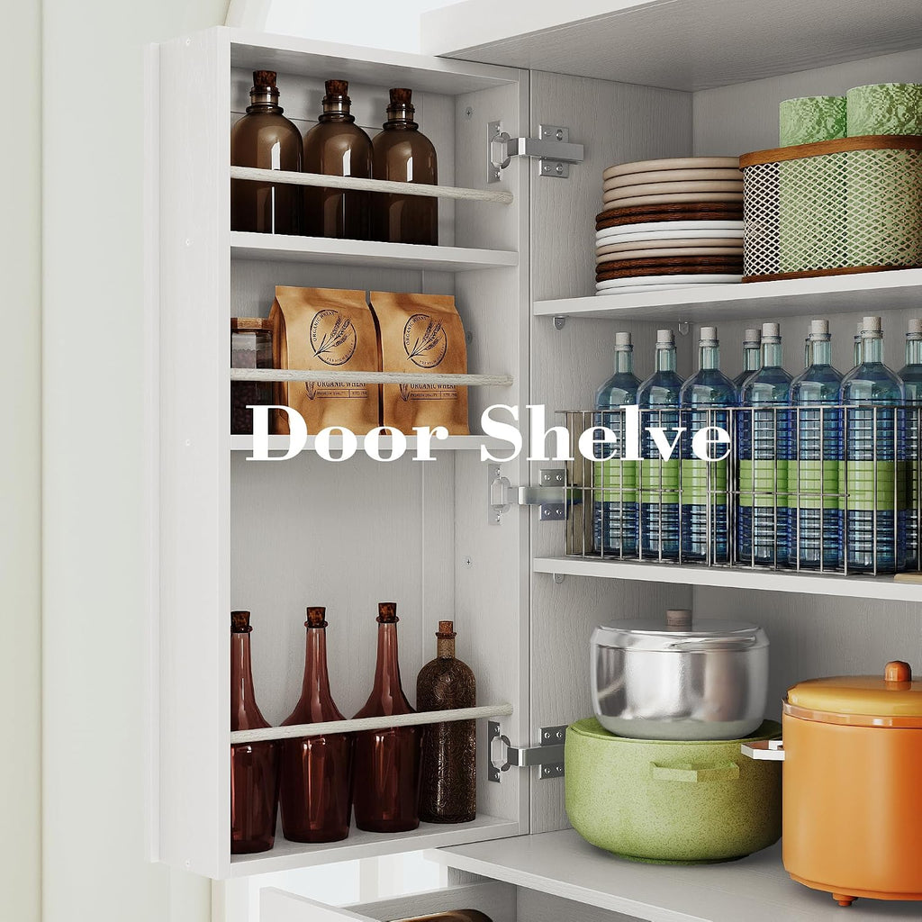 IRONCK Kitchen Pantry Cabinet 72' Height, Freestanding Cupboard with Drawer, Sliding Storage Rack, and 6 Hanging Shelves for Dining Room, Laundry, White