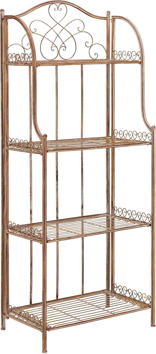 SAFAVIEH Outdoor - Amaris 4-Tier Bakers Rack - Rusty Orange Iron Metal - Vintage Victorian Scrollwork - Ideal for Patio, Deck, Porch, Sunroom, 14.5' W x 25' D x 63' H (PAT5014A)