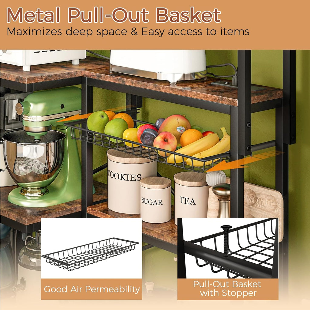 L-Shaped Bakers Rack with Power Outlet,4-Tier Corner Microwave Stand with Storage,Coffee Bar Station with 6 Hooks, Kitchen Shelf with 2 Installation Methods,for Living Room,Office,Rustic Brown