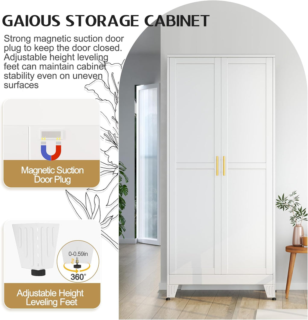 GAIOUS 71' Tall Metal Storage Cabinet with 2 Doors and 4 Adjustable Shelves, Kitchen Pantry Cabinet White Freestanding Cupboard, 5 Tier Multifunctional Steel Storage for Office, Kitchen, Dining Room