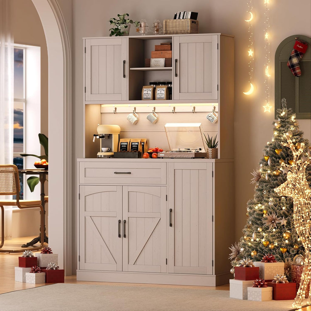 ONBRILL 71' Pantry Cabinet, Kitchen Pantry Storage Cabinet with LED Light & Outlet, Kitchen Hutch with Microwave Shelf & 6 Hooks, Door Shelves & Drawer & Adjustable Shelves, for Dining Room
