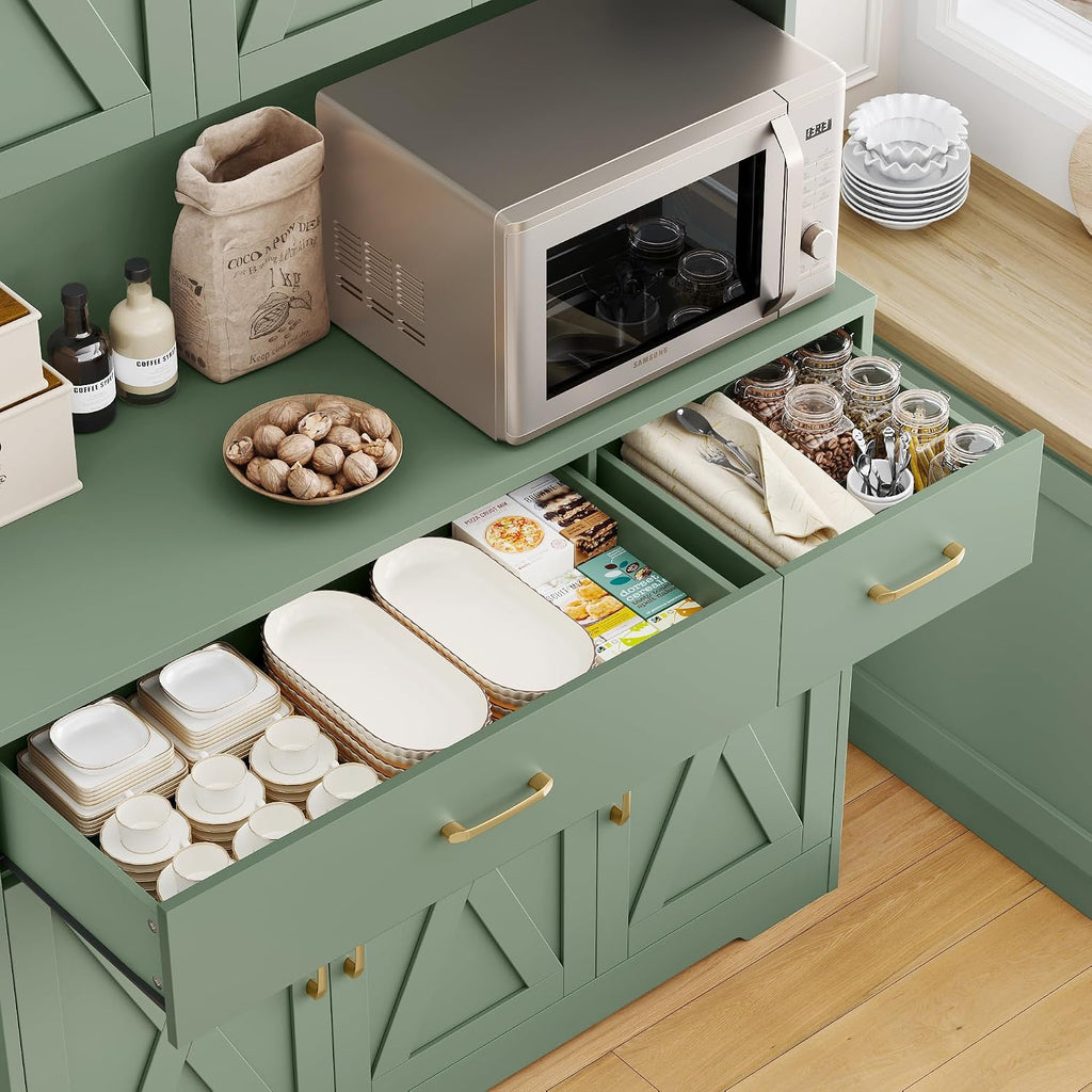 HOSTACK 71' Pantry Cabinet with Charging Station, Tall Kitchen Pantry Storage Cabinet with Microwave Stand, Farmhouse Kitchen Hutch with Storage Drawers for Living Room, Dining Room, Green