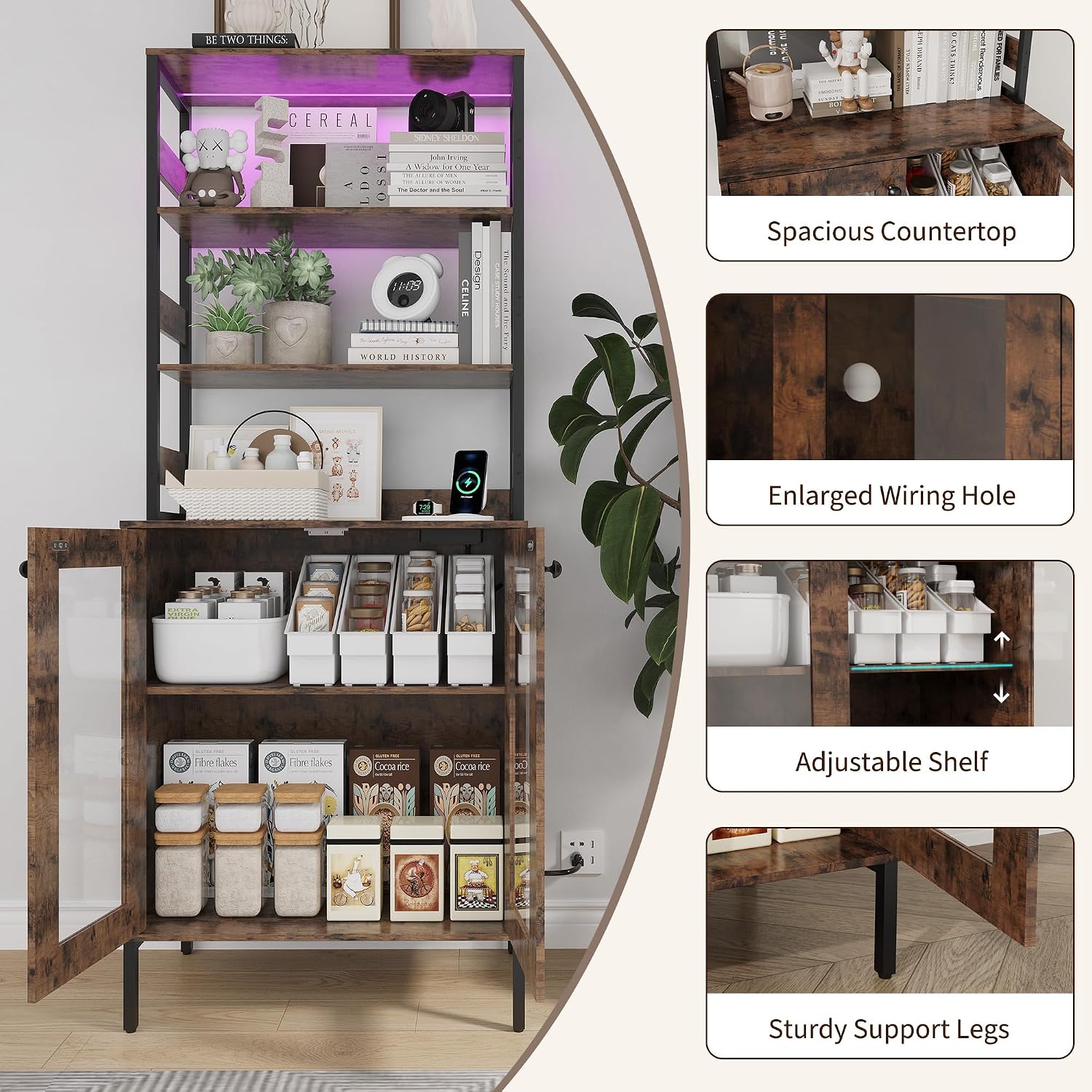 TrailBlaze 67' Tall Coffee Bar Cabinet with Power Outlets & RGB LED Lights - Glass Doors, Adjustable Shelves, Wine & Liquor Storage - Microwave Stand Pantry Hutch for Dining Room or Living Room -