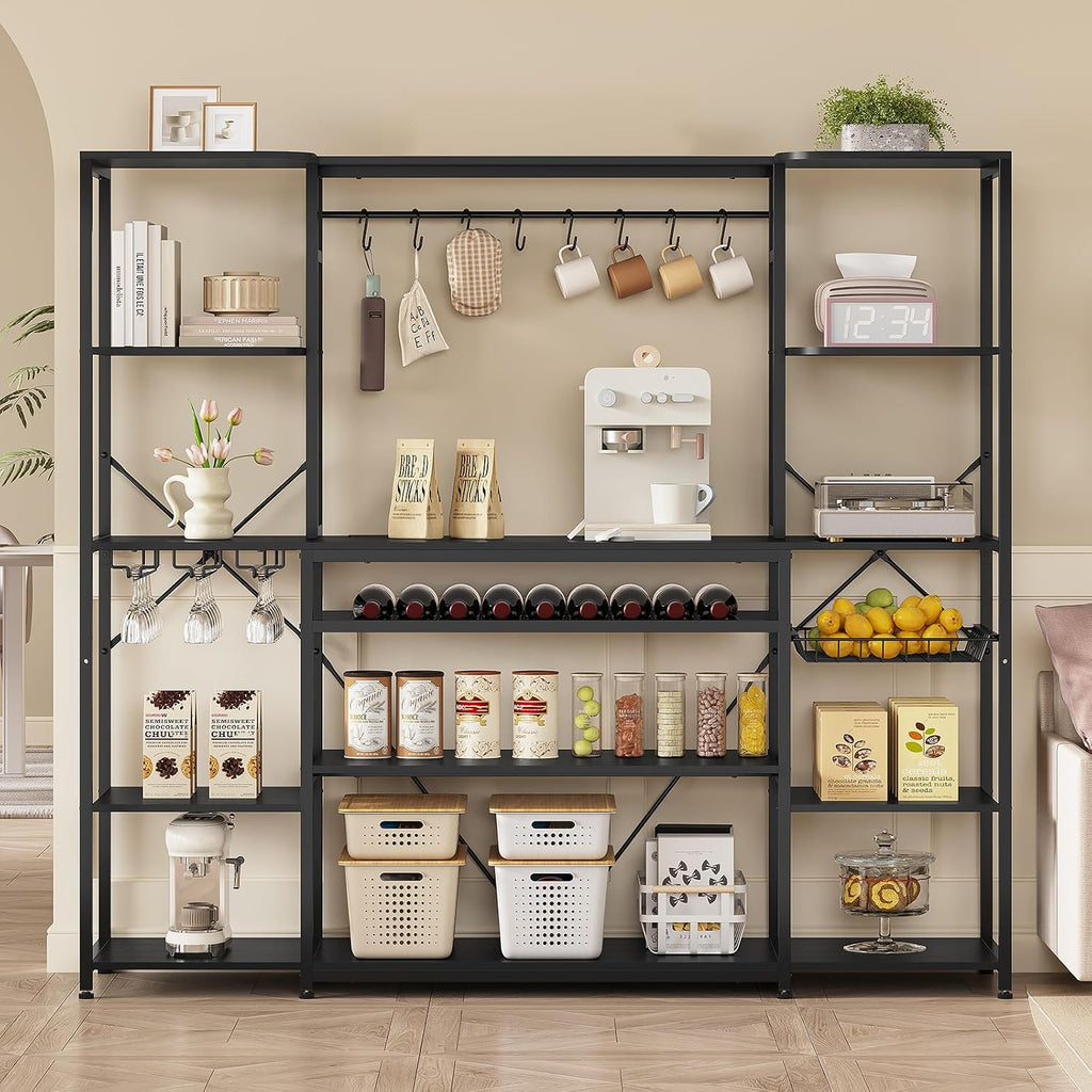 UPOSOJA 62.4in Large Bakers Rack with Power Outlet, Wide Kitchen Microwave Stand with Storage Shelves, 5-Tier Coffee Bar, Wine Rack, Goblet Holder, 8 Hooks, Wire Basket(Black, Large)