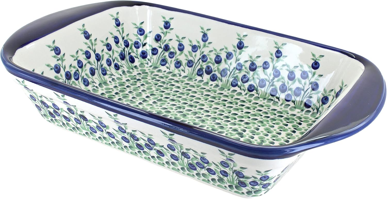 Blue Rose Polish Pottery - Green Porcelain Vine Large Rectangular Baker with Handles - 11.5' x 9.25' - Unique, Dishwasher Safe, & Durable Bakeware