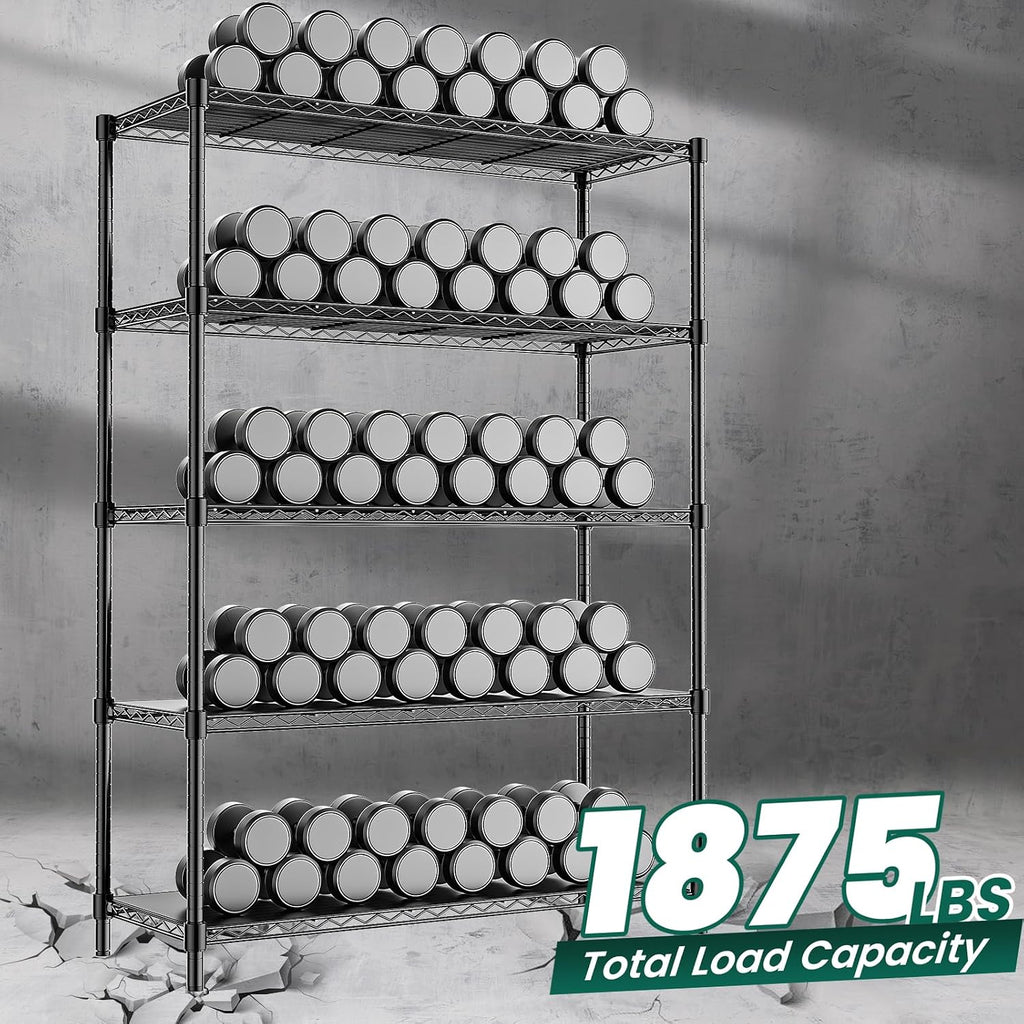 48' W Garage Shelving 1875LBS Heavy Duty Wire Shelving Unit, Metal 5-Tier Adjustable Steel Storage Rack with Liners, Storage Tote Rack, 48' W x 18' D x 72' H for Garage Commercial, Black