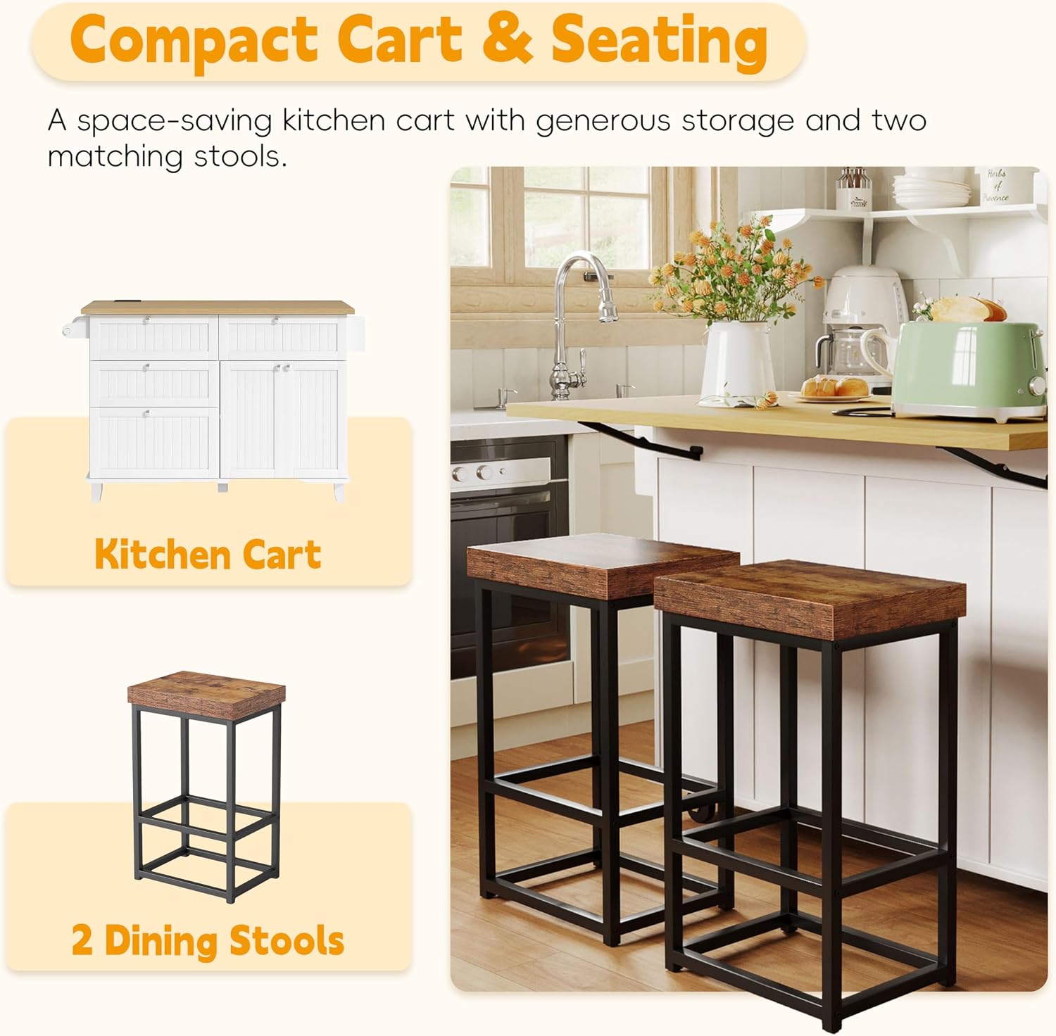 Farmhouse Kitchen Island with Drop Leaf and 2 Seatings, Kitchen Table Set with Storage Cabinet, Drawers, Door Shelves and Power Outlet, White+Rustic Brown
