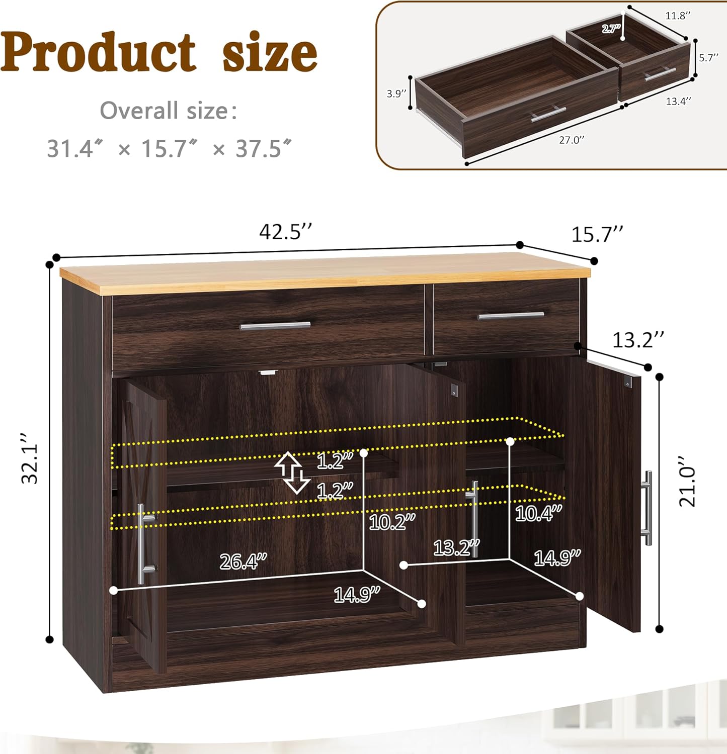 Vongrasig Sideboard Buffet Cabinet with Storage, 43' Farmhouse Coffee Bar Storage Cabinet with Drawers and Shelves, Modern Buffet Table for Kitchen, Dining Room, Rustic Brown