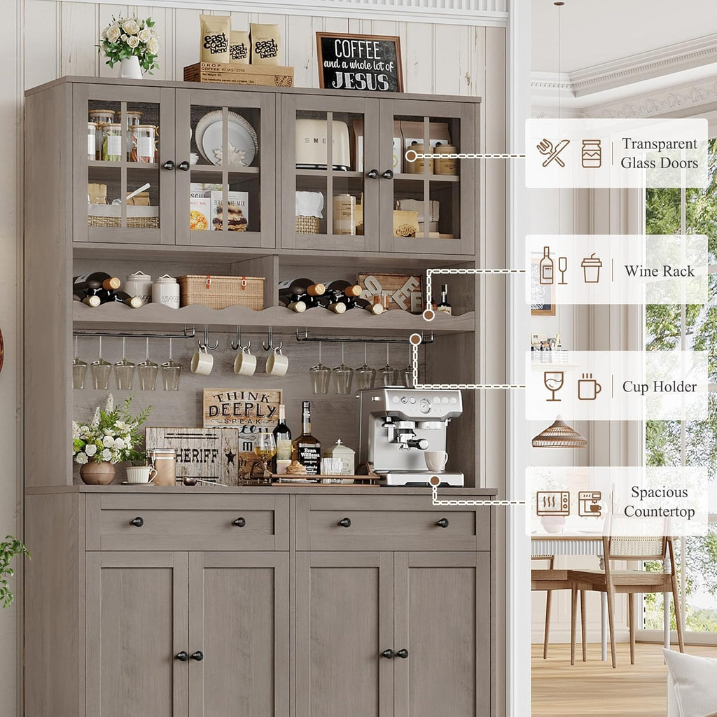 HOSTACK 75.4' Tall Kitchen Pantry Cabinet with Charging Station, Modern White Kitchen Hutch with Microwave Stand and Wine Rack, Large Food Pantry Storage Cabinet with Glass Doors and Drawers, Ash Gray
