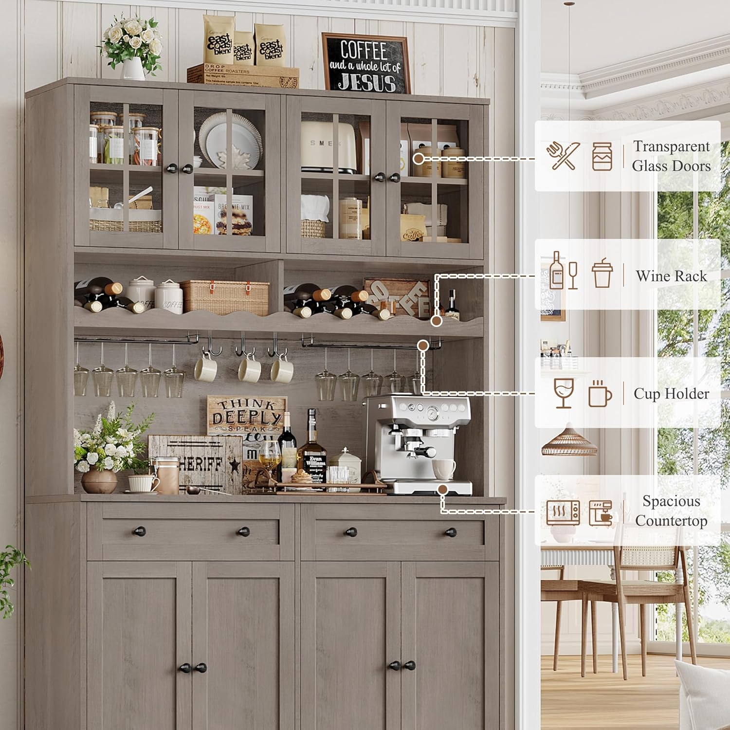 HOSTACK 75.4' Tall Kitchen Pantry Cabinet with Charging Station, Modern White Kitchen Hutch with Microwave Stand and Wine Rack, Large Food Pantry Storage Cabinet with Glass Doors and Drawers, Ash Gray