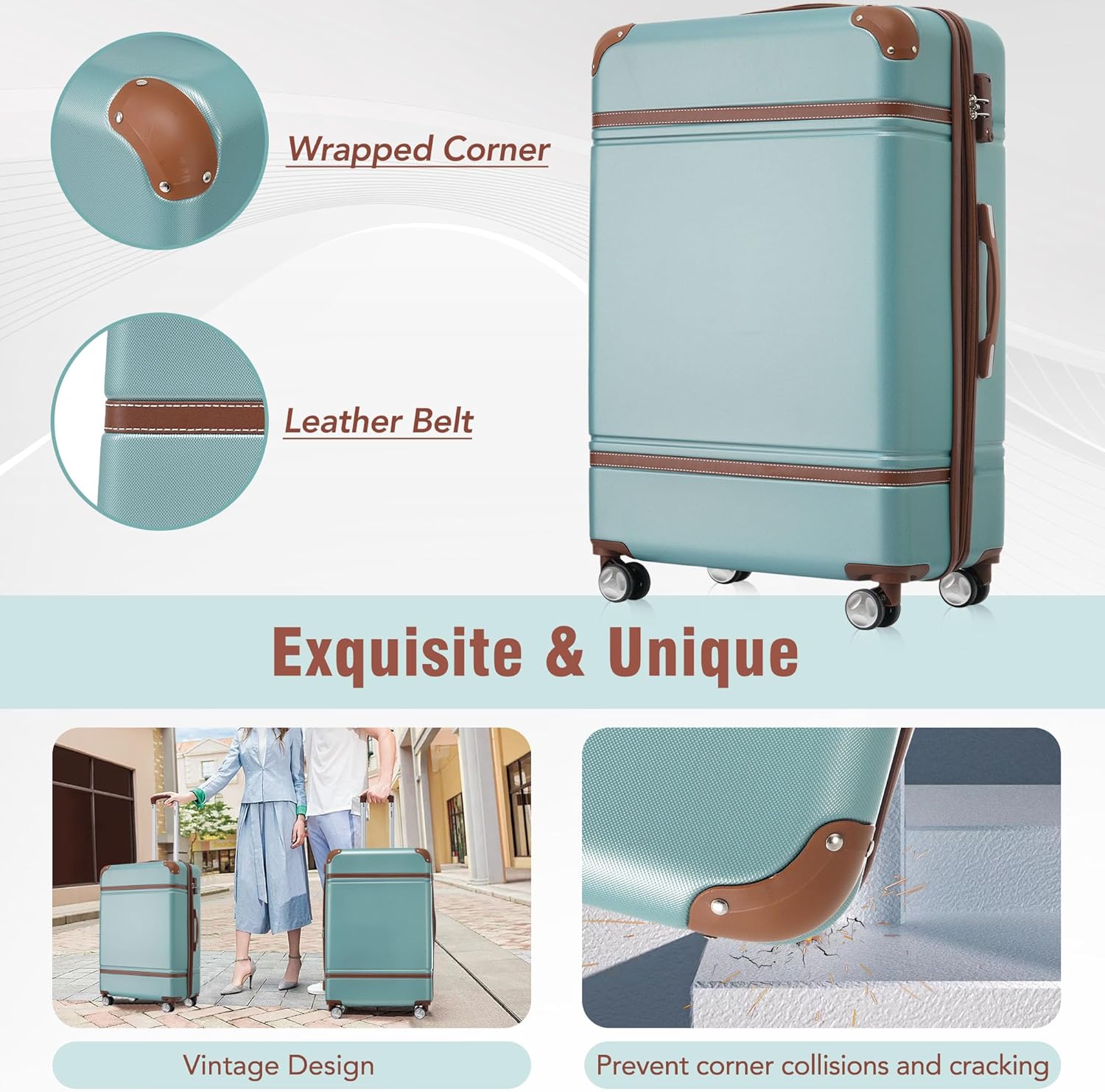 Merax Luggage Set 2 Piece Suitcase Set with Cosmetic Case Expandable Spinner Wheels Vintage Luggage Sets(Blue Green,20'+28')