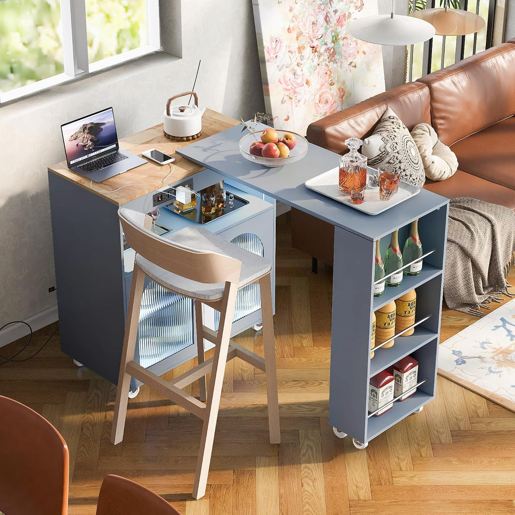Rolling Kitchen Island Set with Extended Table LED Lights Power Outlets 2 Fluted Glass Doors a Storage Compartment, Side 3 Open Shelves for Dining Room Kitchens Living Room Grey Blue