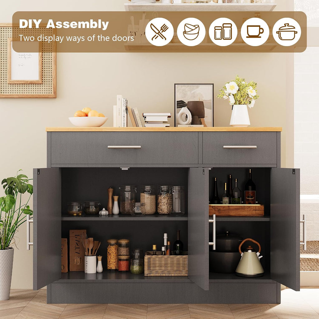 Vongrasig Sideboard Buffet Cabinet with Storage, 43' Farmhouse Coffee Bar Storage Cabinet with Drawers and Shelves, Modern Buffet Table for Kitchen, Dining Room, Grey
