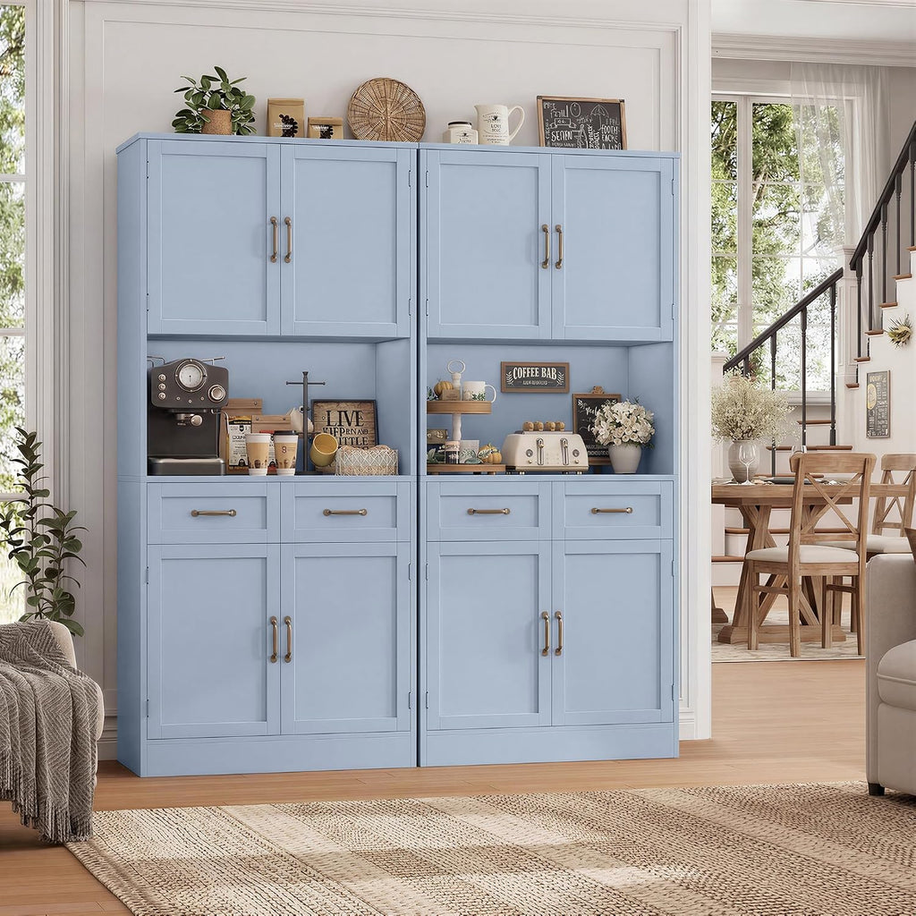 HOSTACK 71' Tall Kitchen Pantry Storage Cabinet, Modern Kitchen Hutch Bar Cabinet with Microwave Stand, Wood Buffet Sideboard with Hutch, Cupboard with Drawers, Shelves for Dining Room, Light Blue