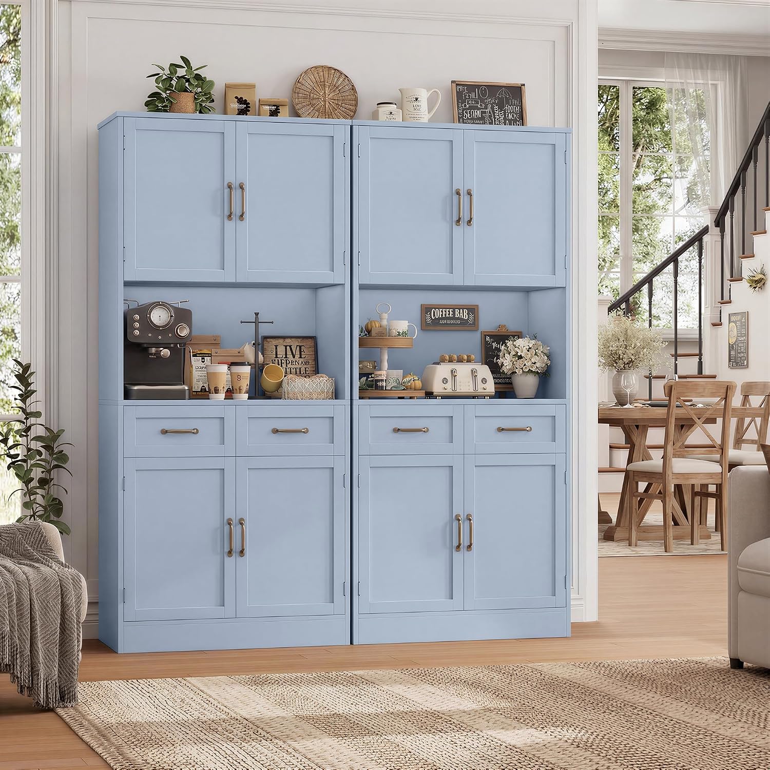 HOSTACK 71' Tall Kitchen Pantry Storage Cabinet, Modern Kitchen Hutch Bar Cabinet with Microwave Stand, Wood Buffet Sideboard with Hutch, Cupboard with Drawers, Shelves for Dining Room, Light Blue