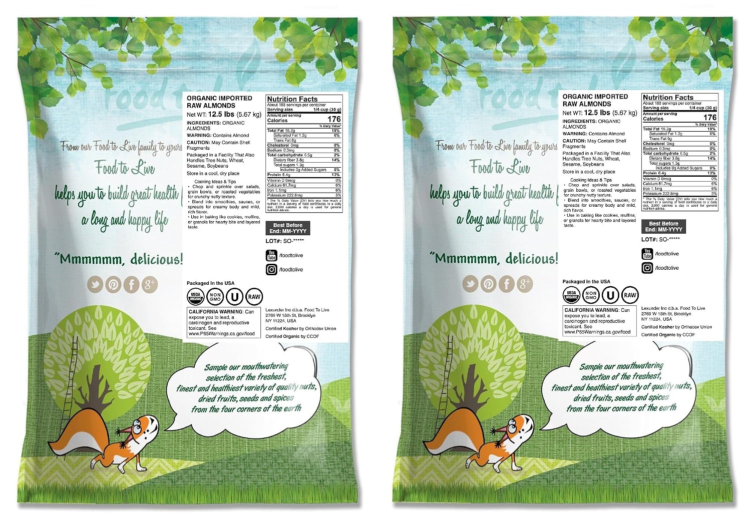 Food to Live - Organic Imported Raw Almonds, 25 Pounds Non-GMO, Whole, No Shell, Unpasteurized, Unsalted, Vegan, Kosher, Keto-Friendly.