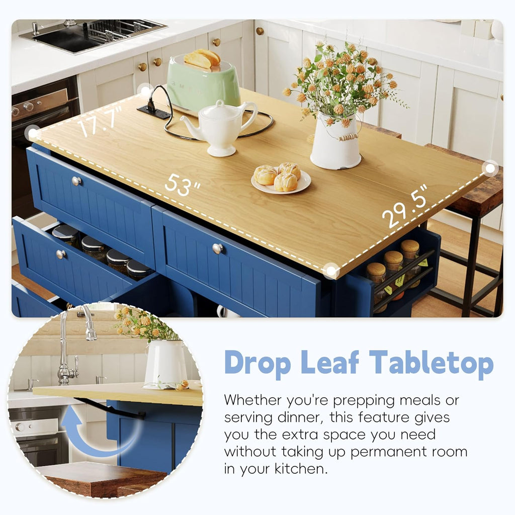 Farmhouse Kitchen Island with Drop Leaf and 2 Seatings, Kitchen Table Set with Storage Cabinet, Drawers, Door Shelves and Power Outlet Blue+Black+Brown