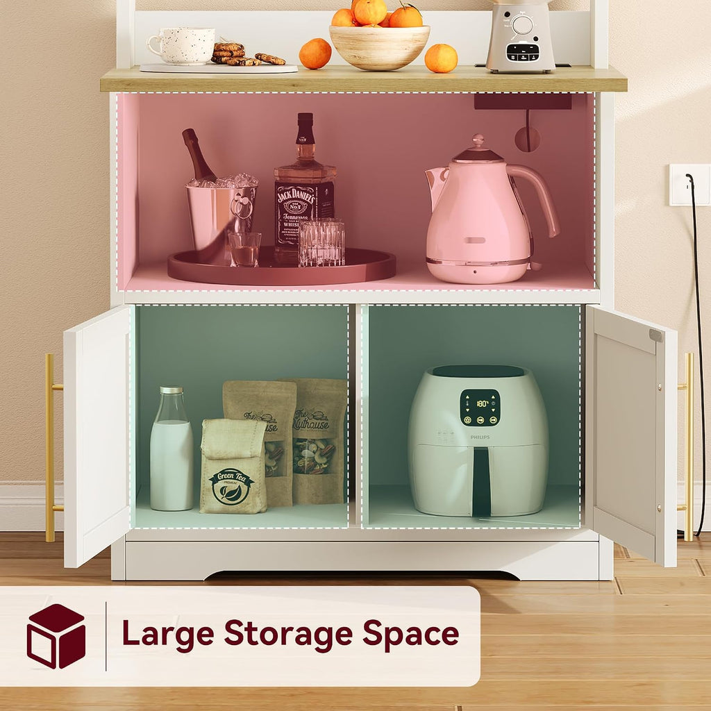 Bakers Rack With Storage Cabinet, Microwave Stand With Power Outlets, Farmhouse Bakers Rack With Thick Table Top, Thickened Counter, Coffee Bar Storage Shelves, Small Kitchen Bakers Rack