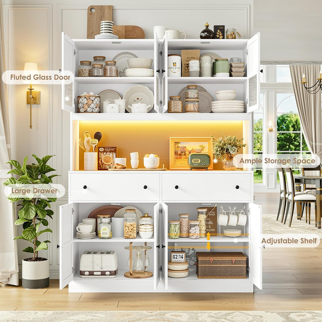 FINETONES 71' Pantry Cabinet with LED Light and Charging Station, Farmhouse Kitchen Pantry Cabinet with Microwave Stand, 47.2' Wide Kitchen Hutch Food Pantry with Open Countertop, White