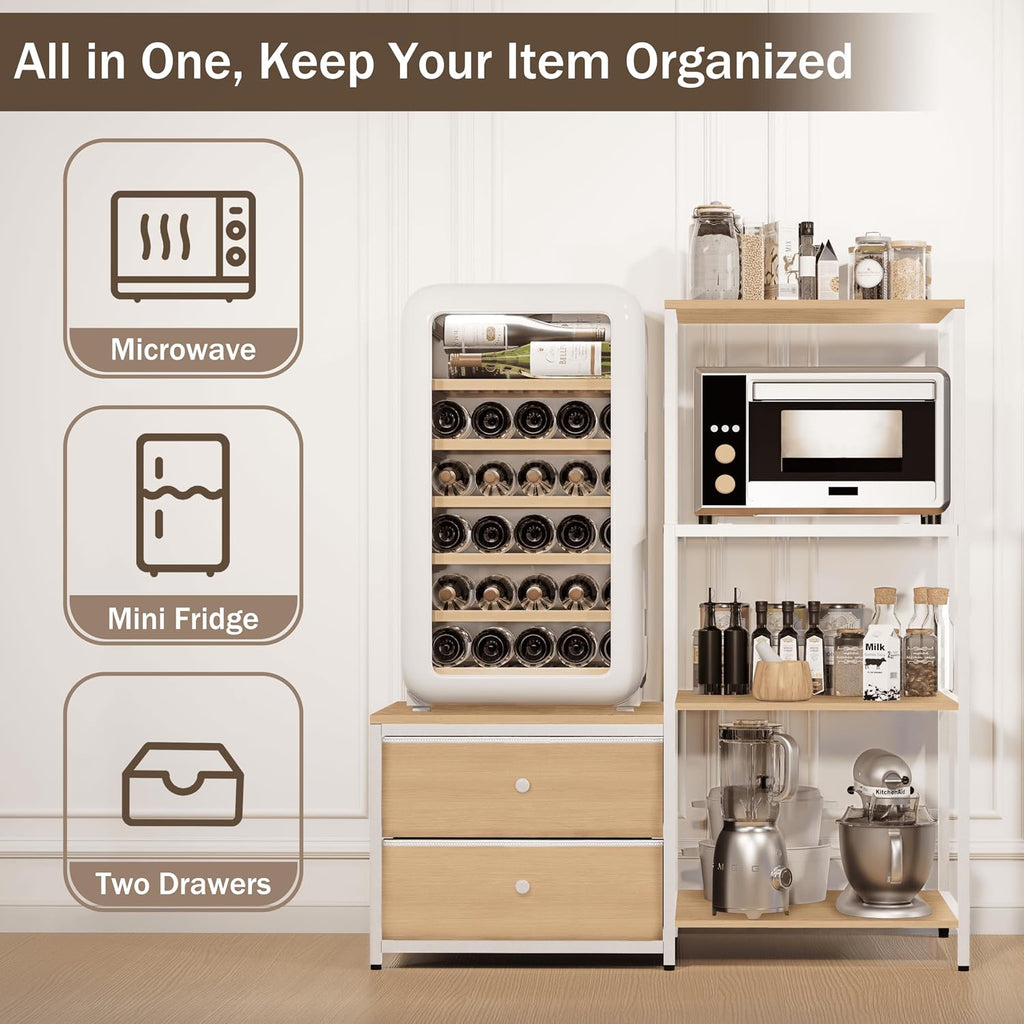 Mini Fridge Stand with Storage, Microwave and mini Fridge Stand with Power Outlet, Coffee Bar,Kitchen Baker,for Dorm,Office(Oak)