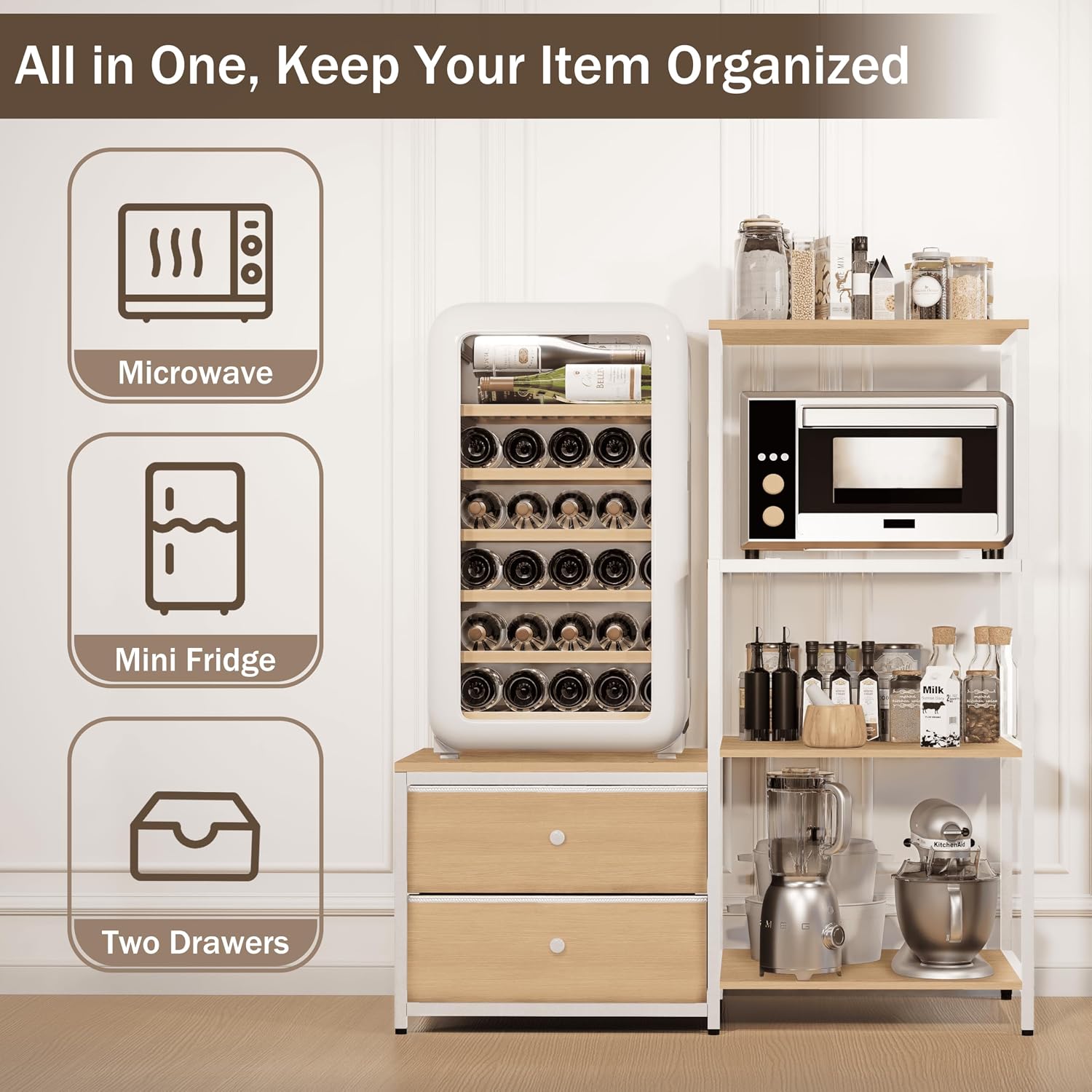 Mini Fridge Stand with Storage, Microwave and mini Fridge Stand with Power Outlet, Coffee Bar,Kitchen Baker,for Dorm,Office(Oak)