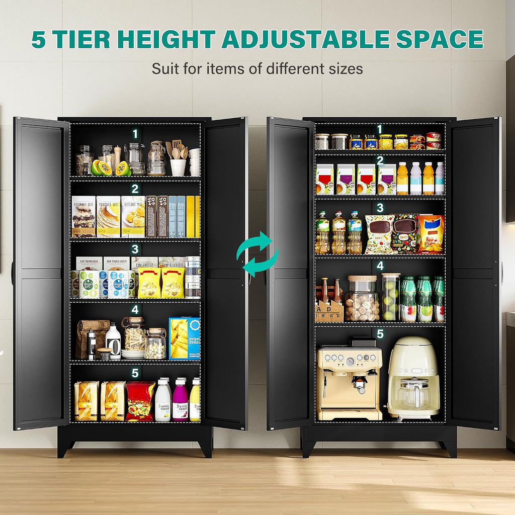 SISESOL 75' Tall Pantry Cabinet,Farmhouse Kitchen Pantry Storage Cabinets with 2 Doors and 4 Shelves,Black Metal Storage Cabinet,Large Cupboard for Home,Kitchen,Dining/Living Room