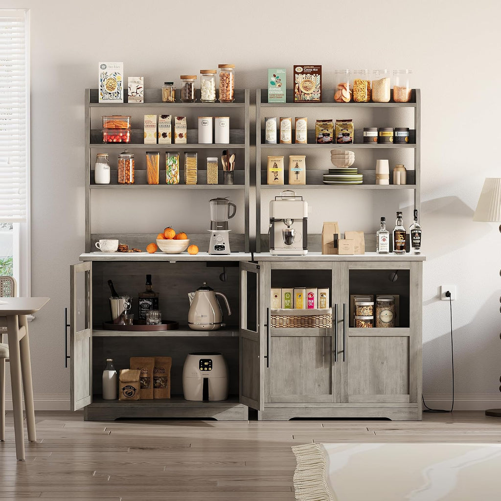 Garvee Farmhouse Bakers Rack with Glass Door, Microwave Stand with Power Outlets, Kitchen Hutch Pantry Cabinet, Kitchen Coffee Bar Cabinet for Spices, Dishes, and Pots, Gray