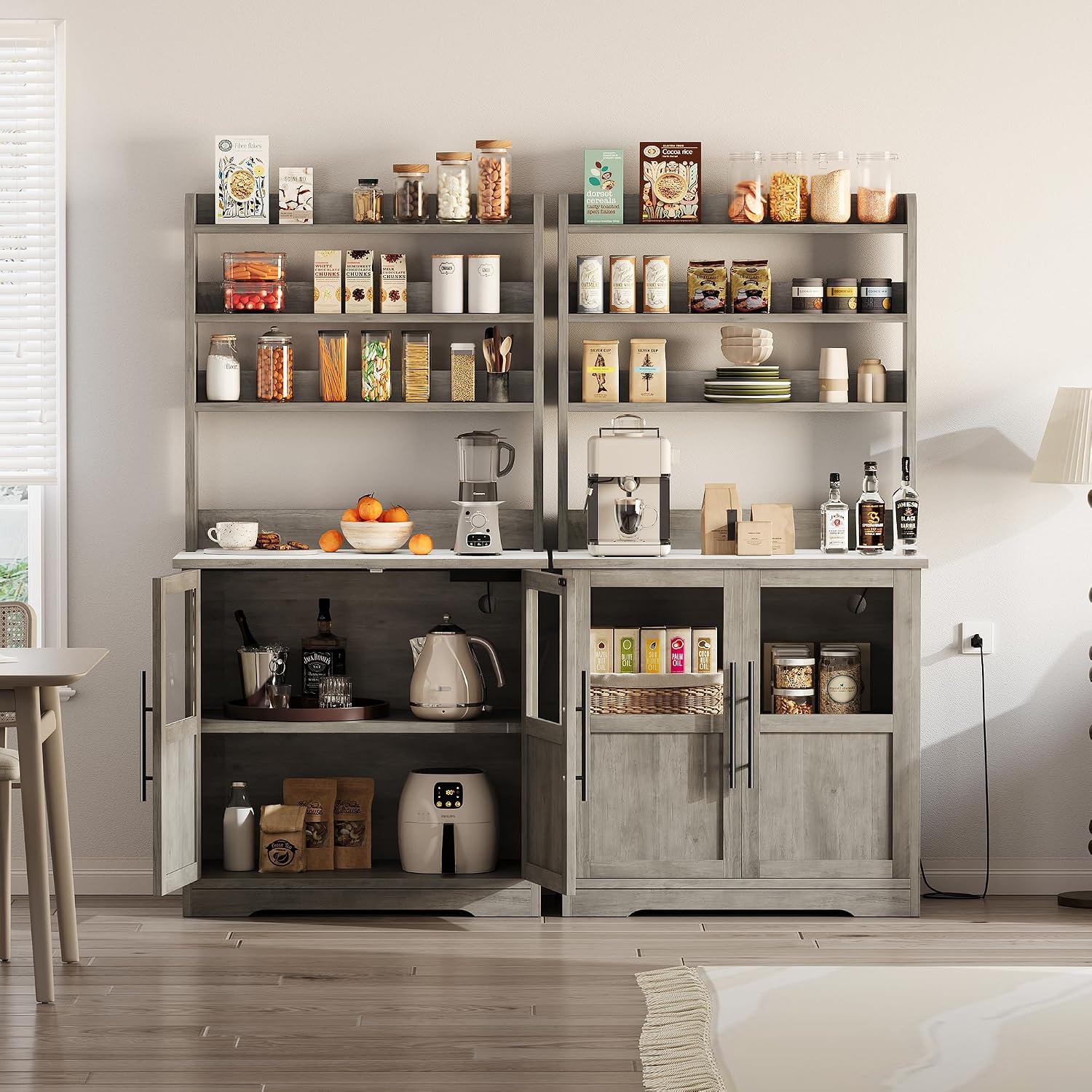 Garvee Farmhouse Bakers Rack with Glass Door, Microwave Stand with Power Outlets, Kitchen Hutch Pantry Cabinet, Kitchen Coffee Bar Cabinet for Spices, Dishes, and Pots, Gray