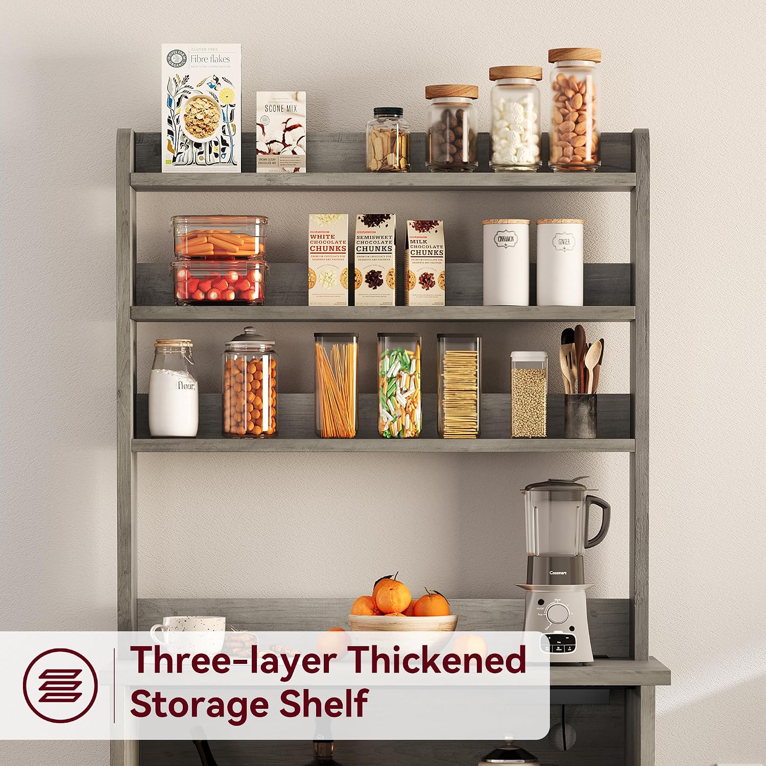 Farmhouse Bakers Rack with Power Outlet & USB Ports, Microwave Stand with Thickened Countertop and Storage Cabinet, Coffee Bar Cabinet Pantry Organizer Shelf for Kitchen, Rustic Gray