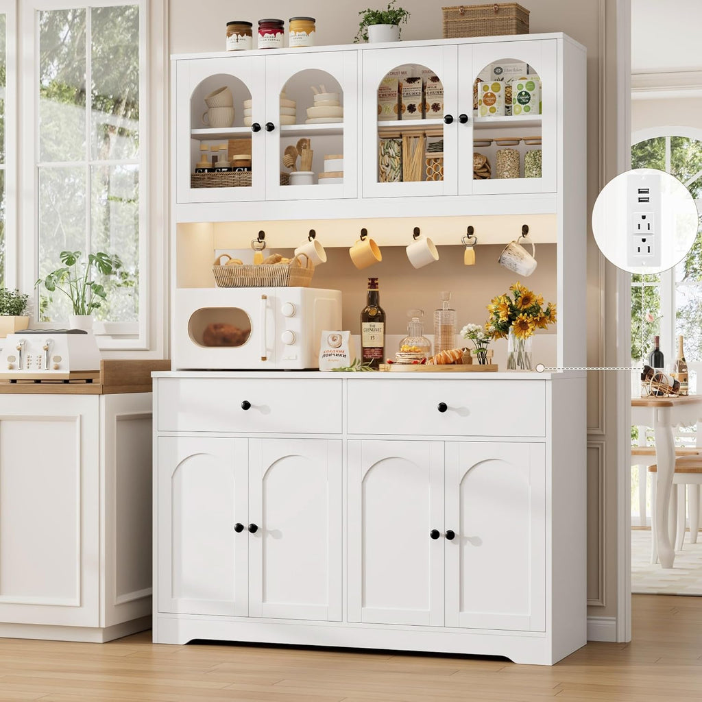 71' LED Kitchen Pantry Cabinet with Power Outlet, Large Kitchen Hutch Storage Cabinet with Arched Door & Shelves & 2 Drawers, Tall Modern Coffee Bar with Hutch for Home Dining Living Room, White