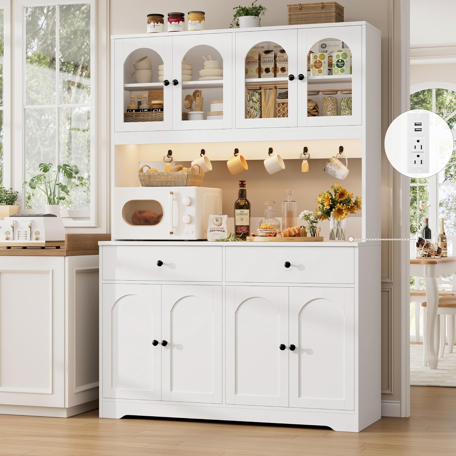 71' LED Kitchen Pantry Cabinet with Power Outlet, Large Kitchen Hutch Storage Cabinet with Arched Door & Shelves & 2 Drawers, Tall Modern Coffee Bar with Hutch for Home Dining Living Room, White