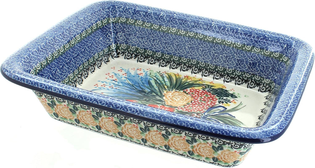 Blue Rose Polish Pottery - Blue Summer Blooms Small Rectangular Baker - 11.25' x 9.25' - Unique, Dishwasher Safe, & Durable Bakeware