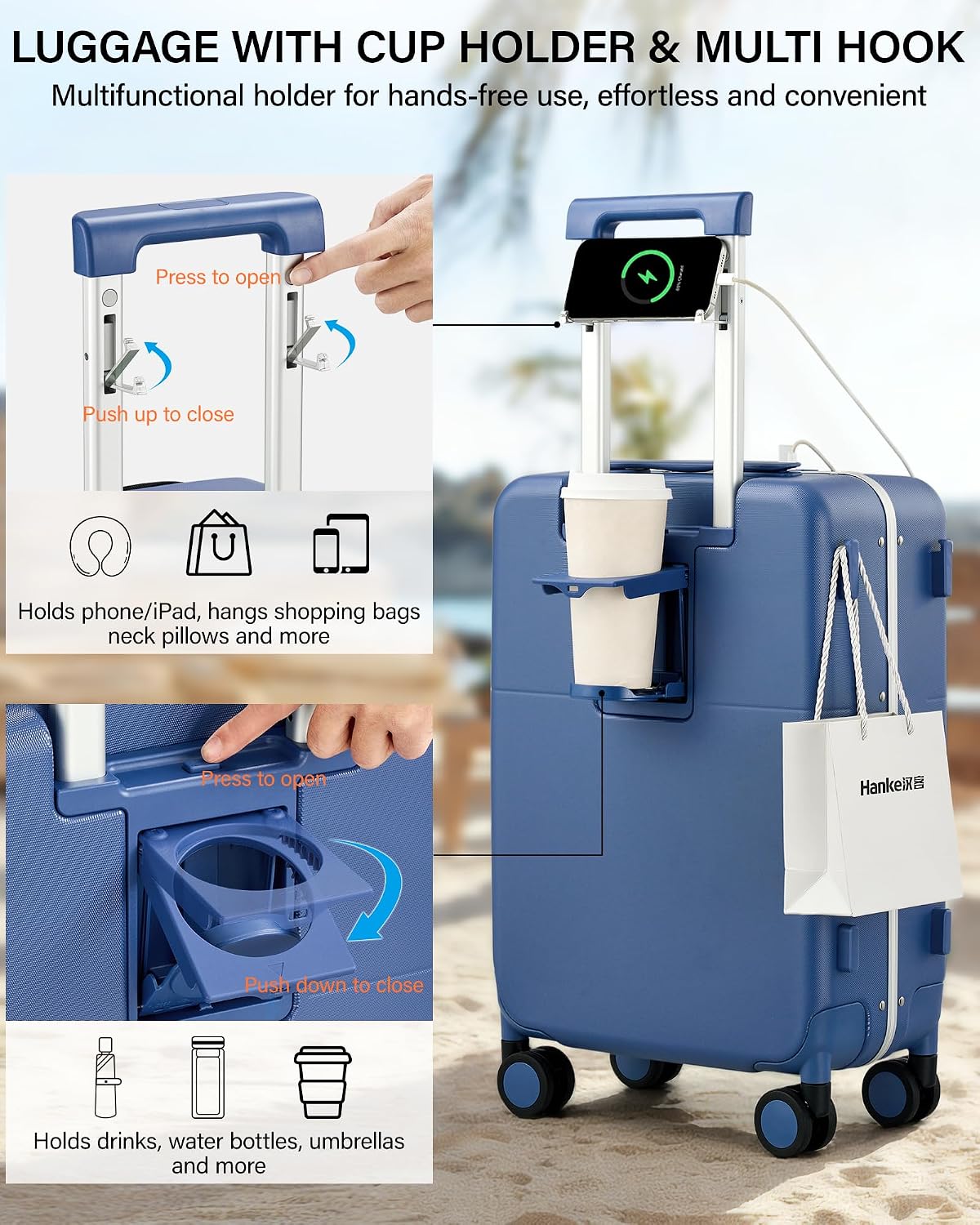 Hanke 20 Inch Top Opening Carry On Luggage with Cup Holder, Hard Shell Suitcase with Spinner Wheels, USB Ports, TSA Lock Aluminum Frame, Dry Wet Separation & Removable Divider, Interstellar Blue