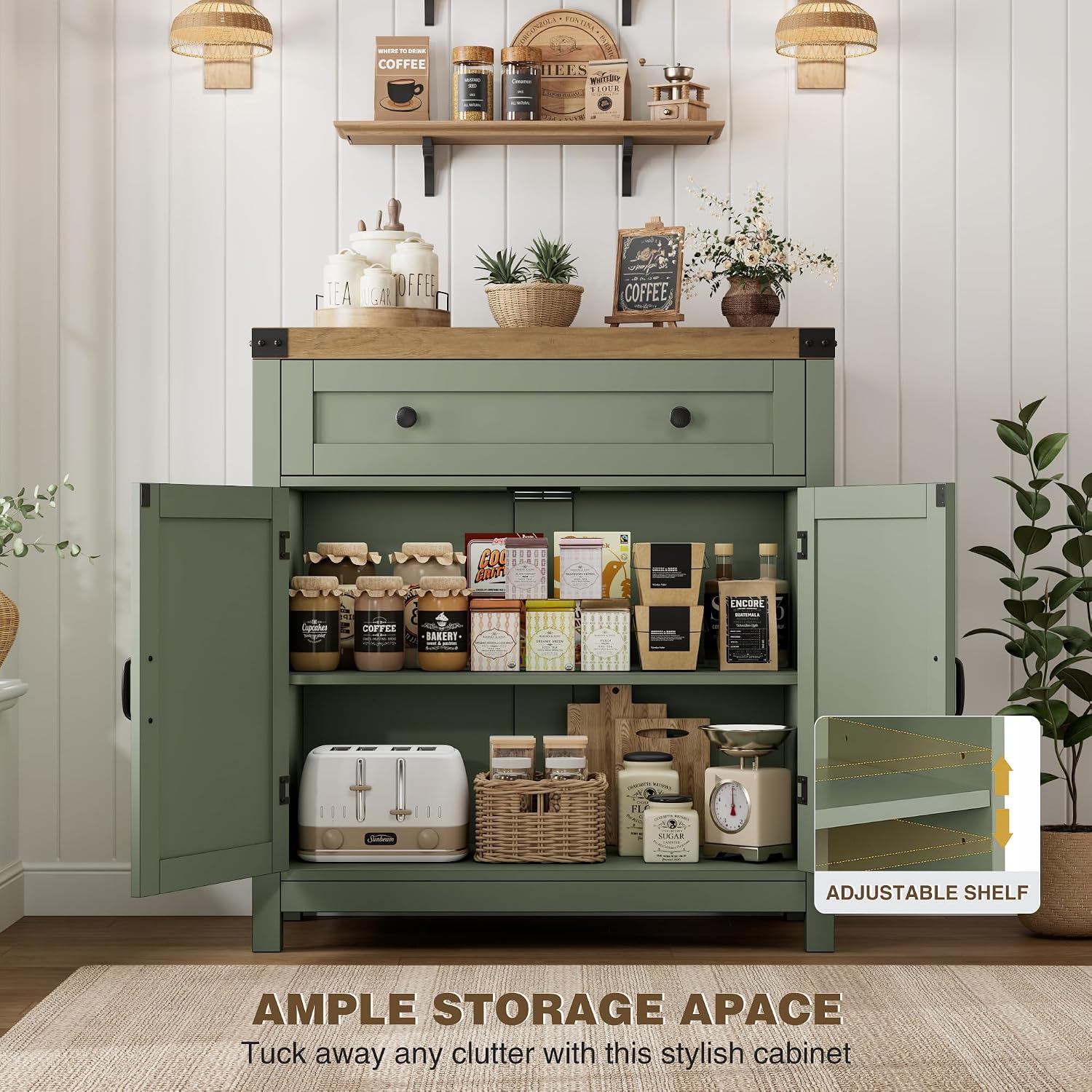 HOSTACK Coffee Bar Cabinet, Kitchen Storage Cabinet, Modern Farmhouse Buffet Sideboard with Drawer & Adjustable Shelf, Barn Door Accent Cabinets for Kitchen, Dining Room, Entryway, Green/Rustic Brown