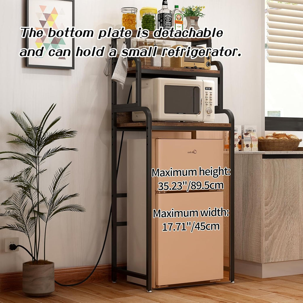 Mini Fridge Stand with Storage, Multifunctional 4-Tier Microwave Oven Stand with Adjustable Shelves and Hooks, Fridge Shelf & Bakers Rack with Power Outlet for Kitchen/Dorm/Living Room/Office, Black