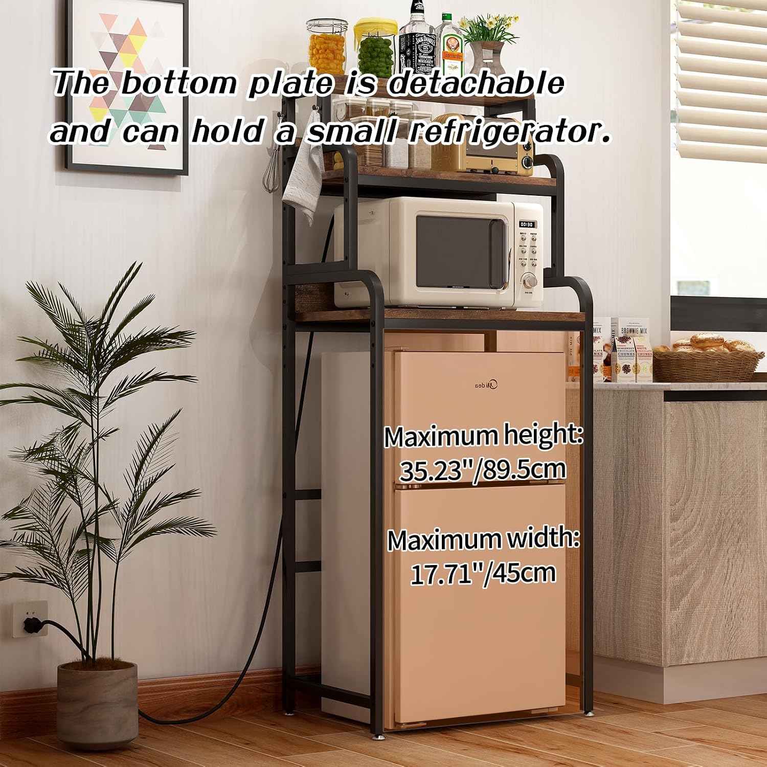 Mini Fridge Stand with Storage, Multifunctional 4-Tier Microwave Oven Stand with Adjustable Shelves and Hooks, Fridge Shelf & Bakers Rack with Power Outlet for Kitchen/Dorm/Living Room/Office, Black
