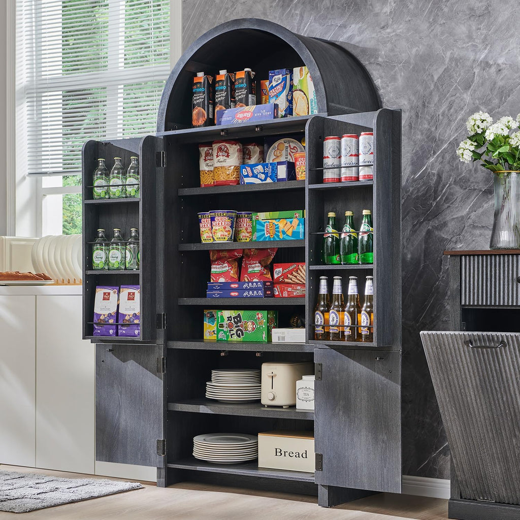 IFGET 71' Tall Arched Kitchen Pantry, Modern Fluted Wood Storage Cabinet with Doors, 3 Adjustable Shelves, 6 Door Shelves, Organizer, Versatile Cupboard for Kitchen,Bathroom, Dark Gray