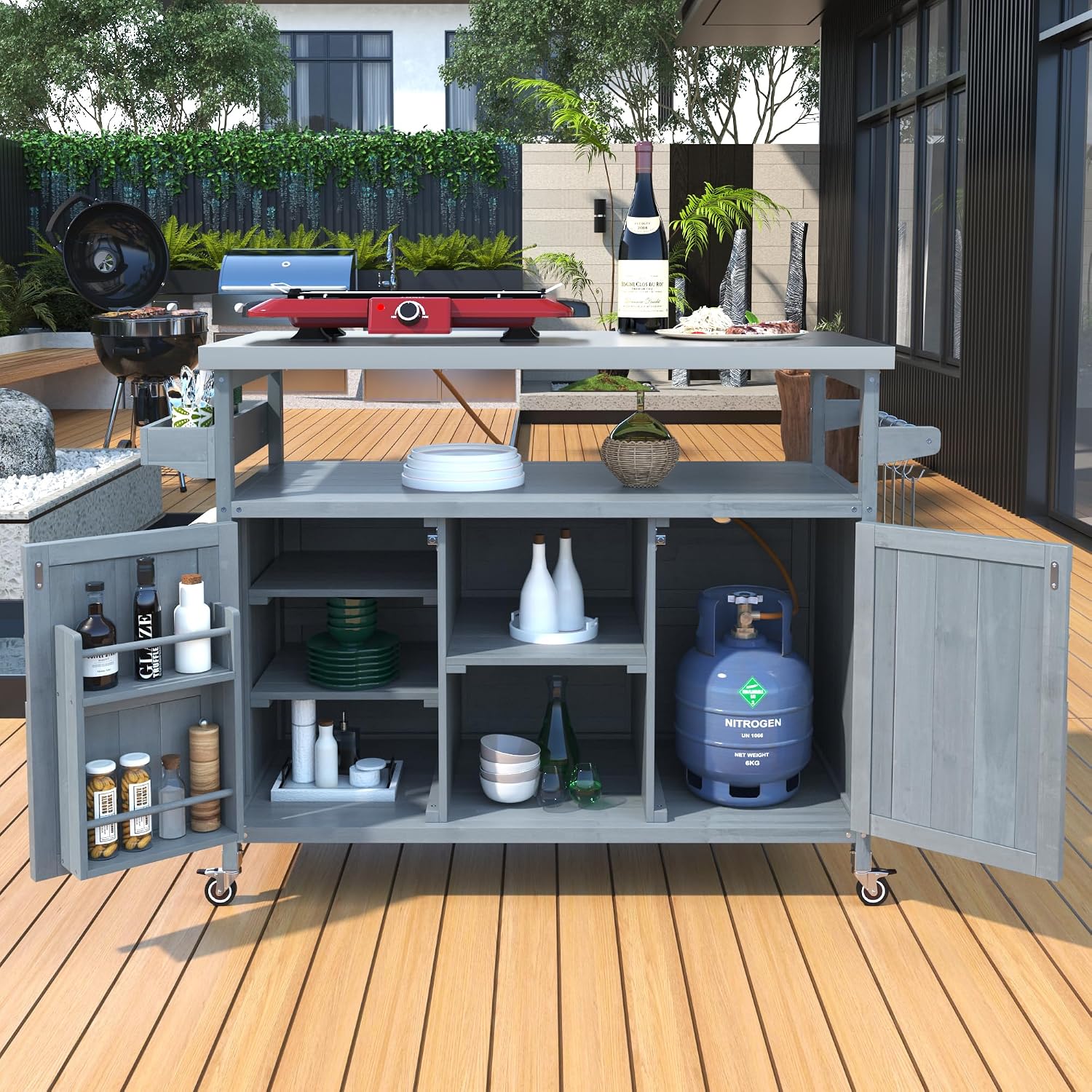 Farmhouse Outdoor Kitchen Island, Rolling Bar Cart & Storage Cabinet with Stainless Steel Top, Spice Rack, Towel Rack for Kitchen & Barbecue, Solid Wood Outdoor Grill Table (Grey+Blue)