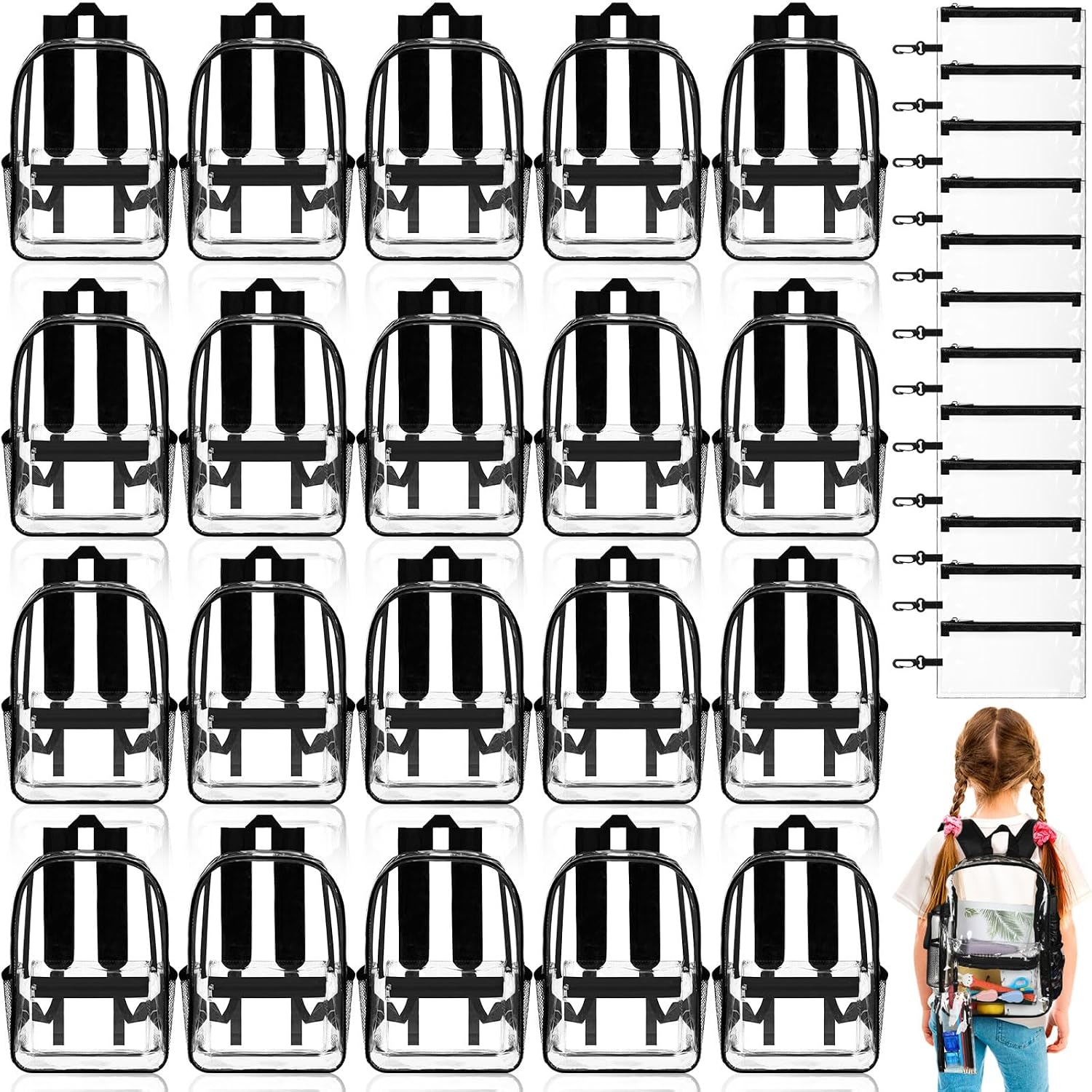 Cholemy 24 Set Clear Backpack with Pencil Case Bulk Heavy Duty PVC Transparent School Bag for Students Women Men Travel(Black)
