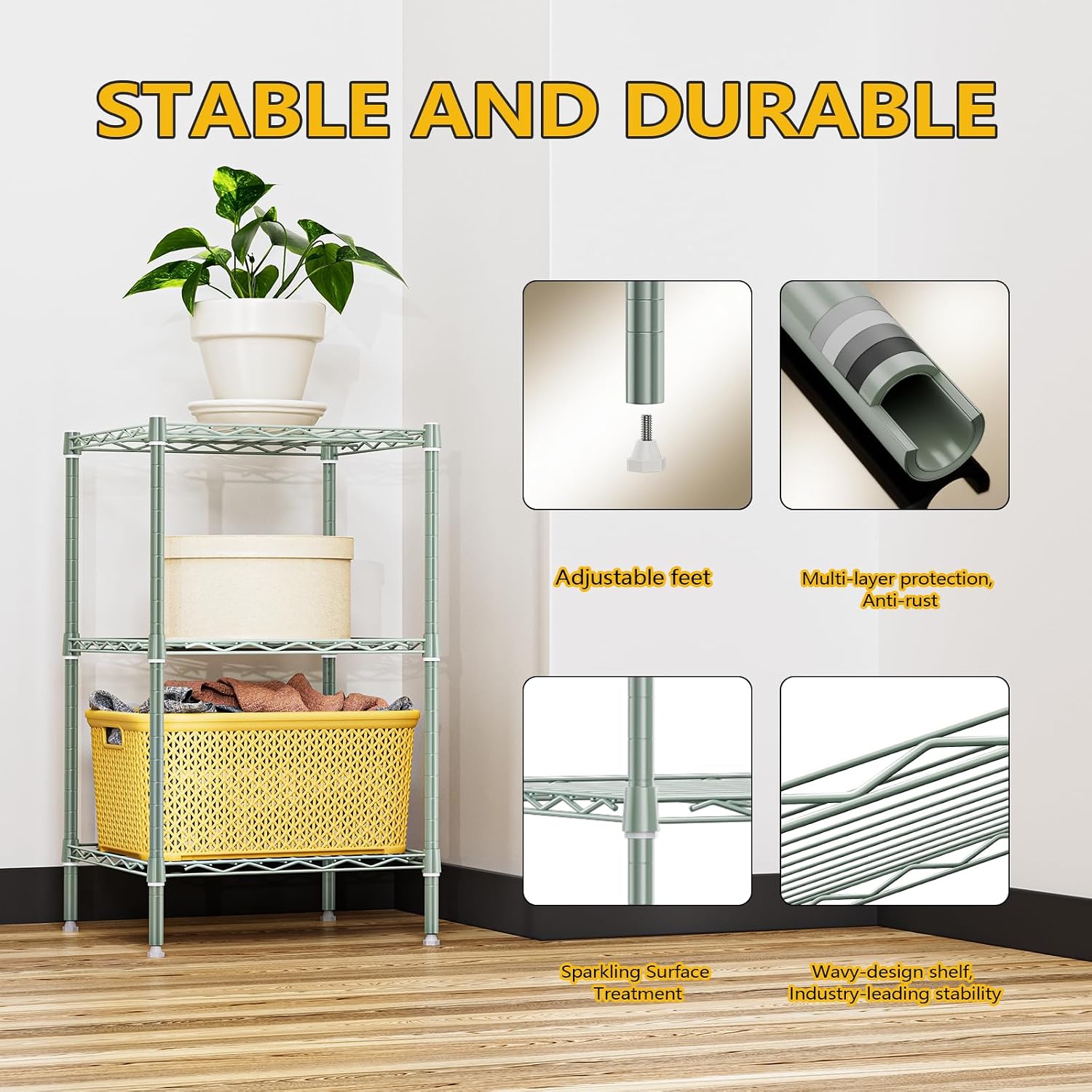 M MZG 750 lbs 3-Shelf Storage Shelves Wire Shelving Unit Standing Metal Rack for Small Places Narrow Wire Rack for Bathroom, Green 13.8 D x 13.8' W x 25.5' H