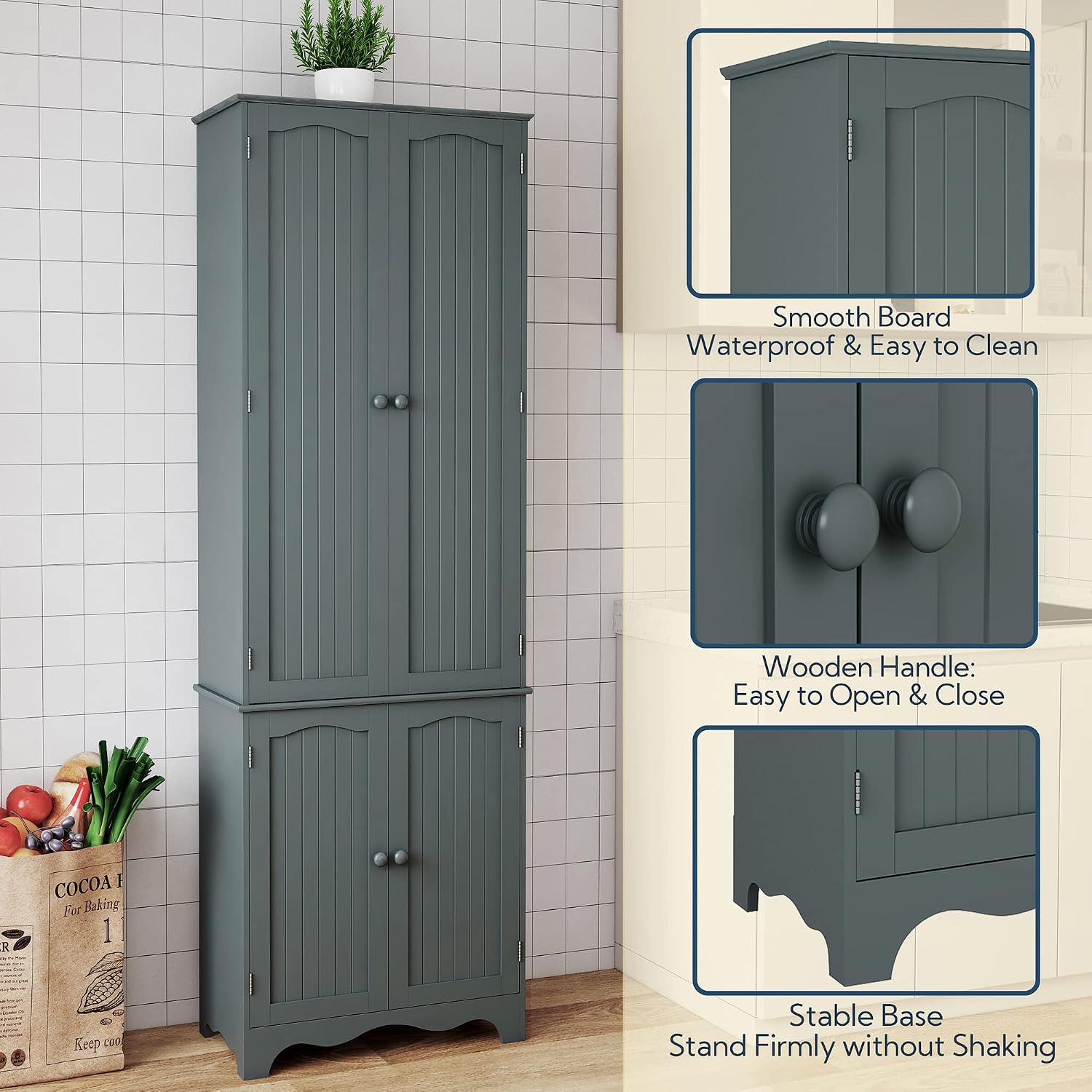 Yusong 72'' Tall Kitchen Pantry Cabinet, Freestanding Storage Cabinet with Doors and Shelves, Wooden Food Pantry Farmhouse Cupboard Buffet for Kitchen Dining Living Room, Gray